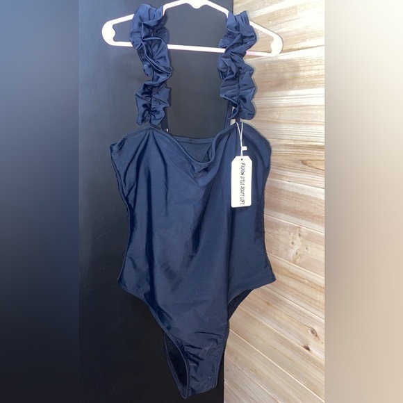 SPORLIKE Women’s New With Tag Size Small One Piece Black Swimsuit Sheer Romantic - Picture 3 of 5